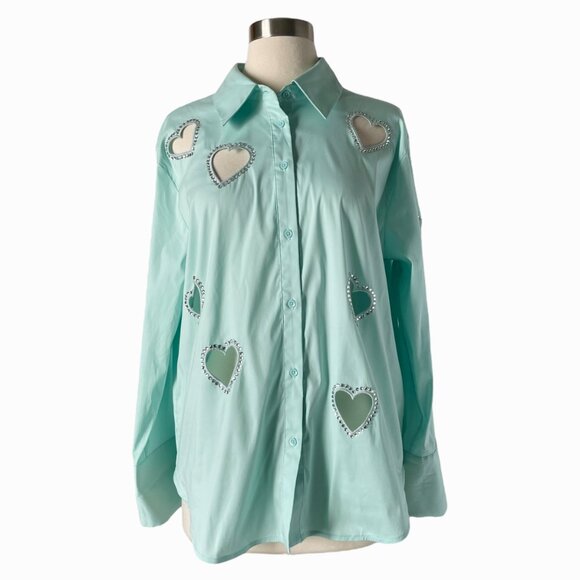 Alice + Olivia Finley Heart Cutout Embellished Mint Cotton Top M - Picture 8 of 8